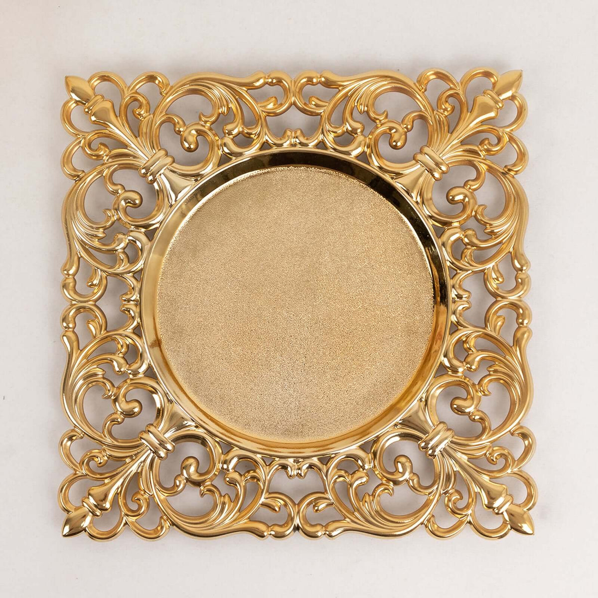 6-Pack Acrylic Charger Plates 12" Square Gold with Hollow Lace Border - Event Tabletop Decorative Charger Tableware